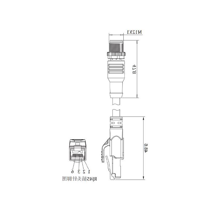 M12 4Pin D-coded male straight turn RJ45 Male straight, double-ended precast PVC non-flexible cable, shielded, yellow sheath, 0C4168-XXX