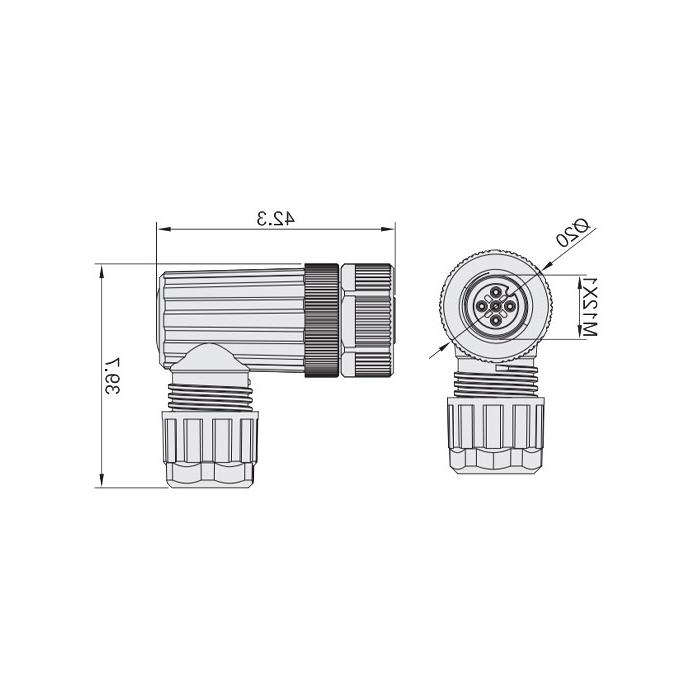 M12 4Pin, female 90°, food grade, screw connection, 64F089